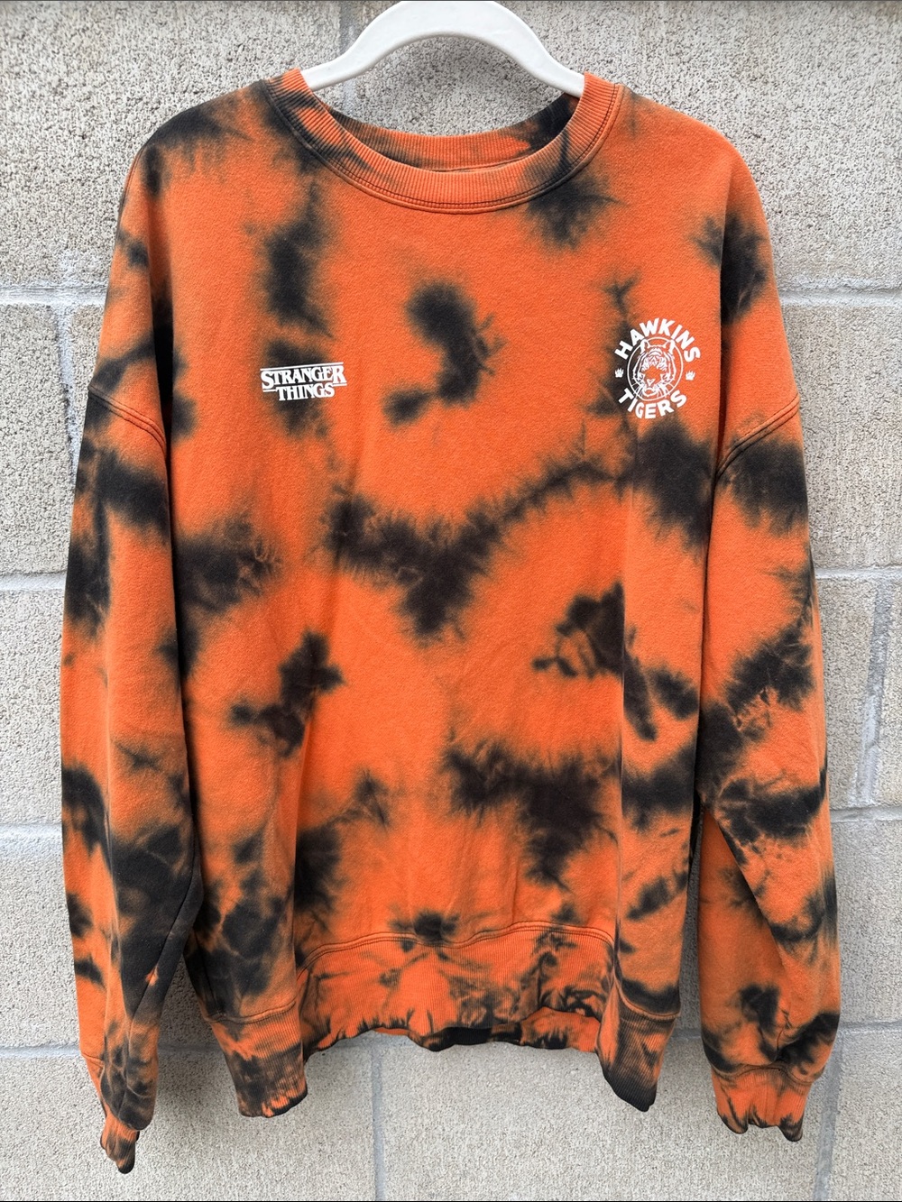 Stranger Things Hawkins Tigers Orange & Black Tie-Dye Crewneck